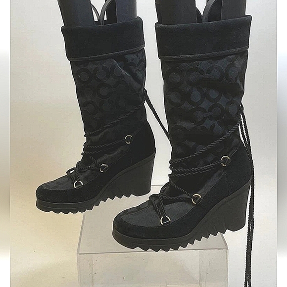Coach Black Lace Up Wedge Boots - Picture 3 of 16
